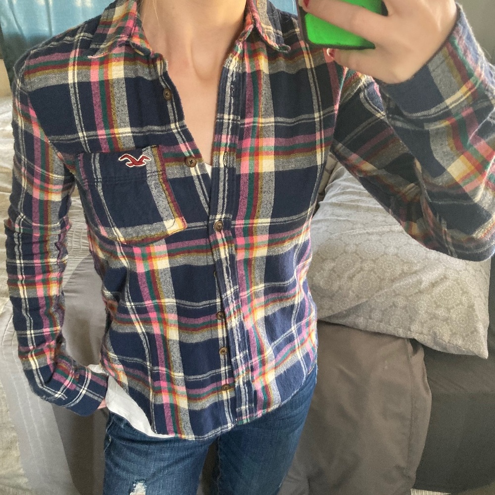 Hollister Navy Blue Long Sleeve Flannel Top Sz XS - Picture 9 of 9